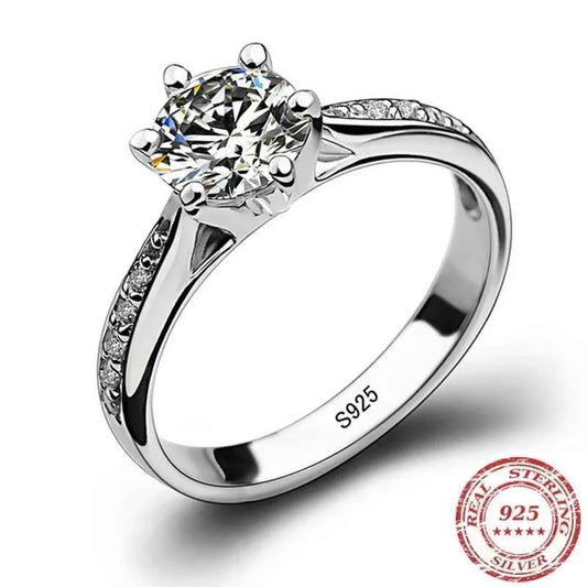 Luxury 925 Sterling Silver Six-Prong Engagement Ring for Women – Brilliant Simulated Diamond