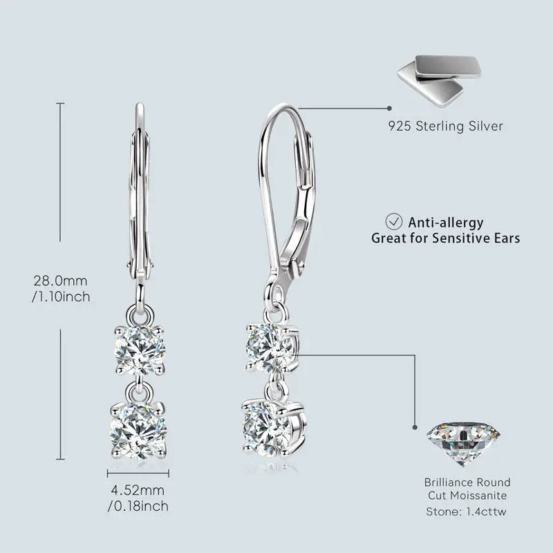 Moissanite Leverback Drop Earrings 925 Sterling Silver – Round 0.30ct / 0.40ct - Jewelry Iced