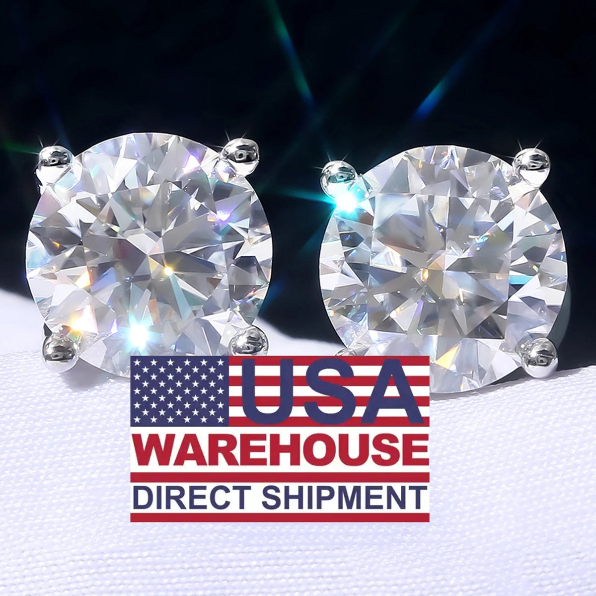 Diamond stud earrings with a USA Warehouse Direct Shipment label on a white background