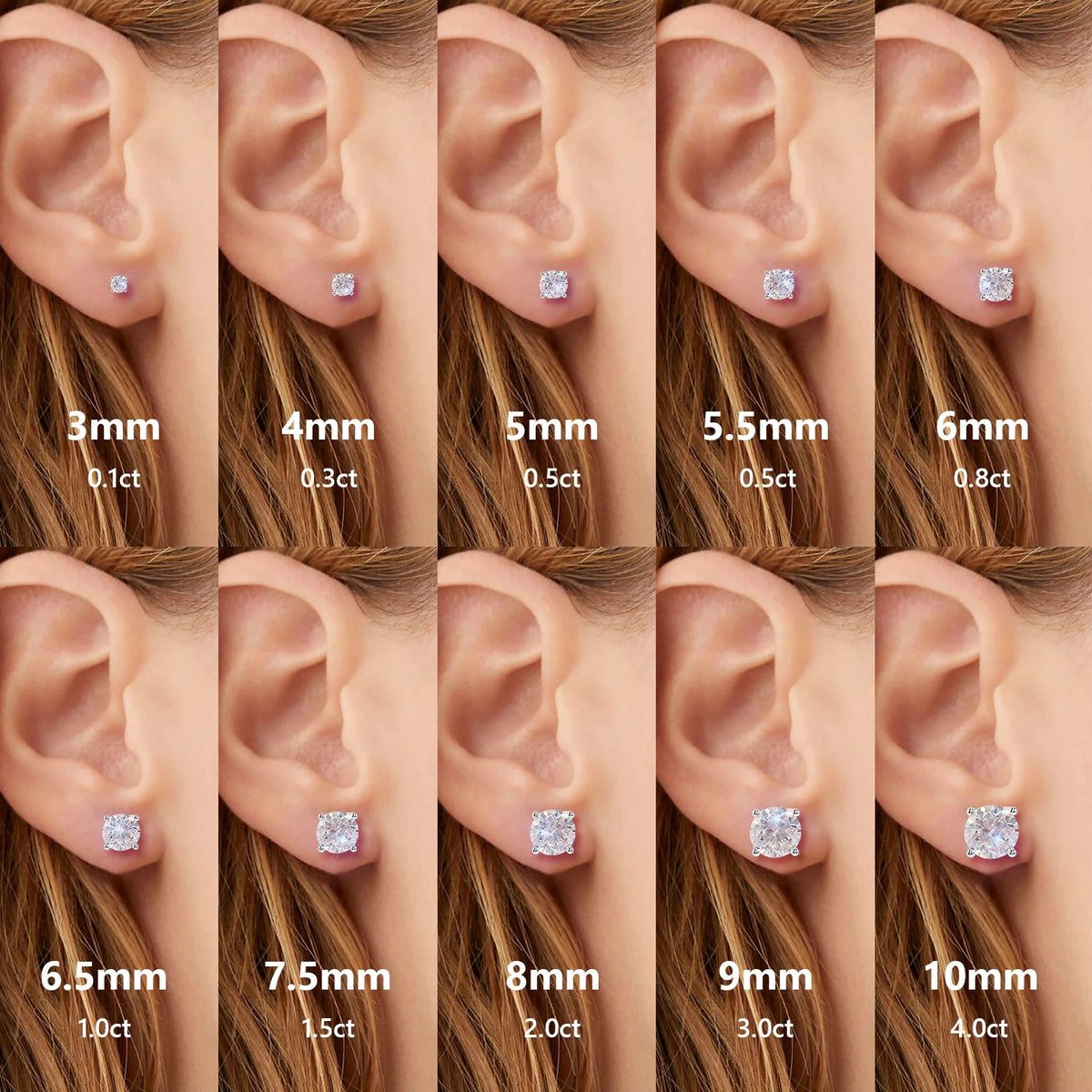 Comparison chart of diamond earrings on different ear sizes with measurements.