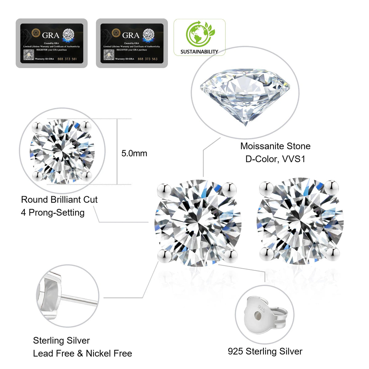 Moissanite Stud Earrings 925 Sterling Silver – VVS1 Round Cut, 0.2–3 CT - Jewelry Iced
