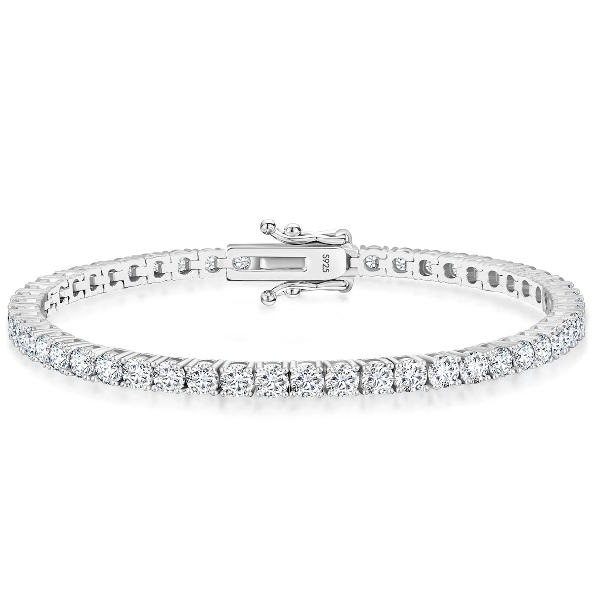 925 sterling silver tennis bracelet with round-cut stones and polished clasp on a white background.