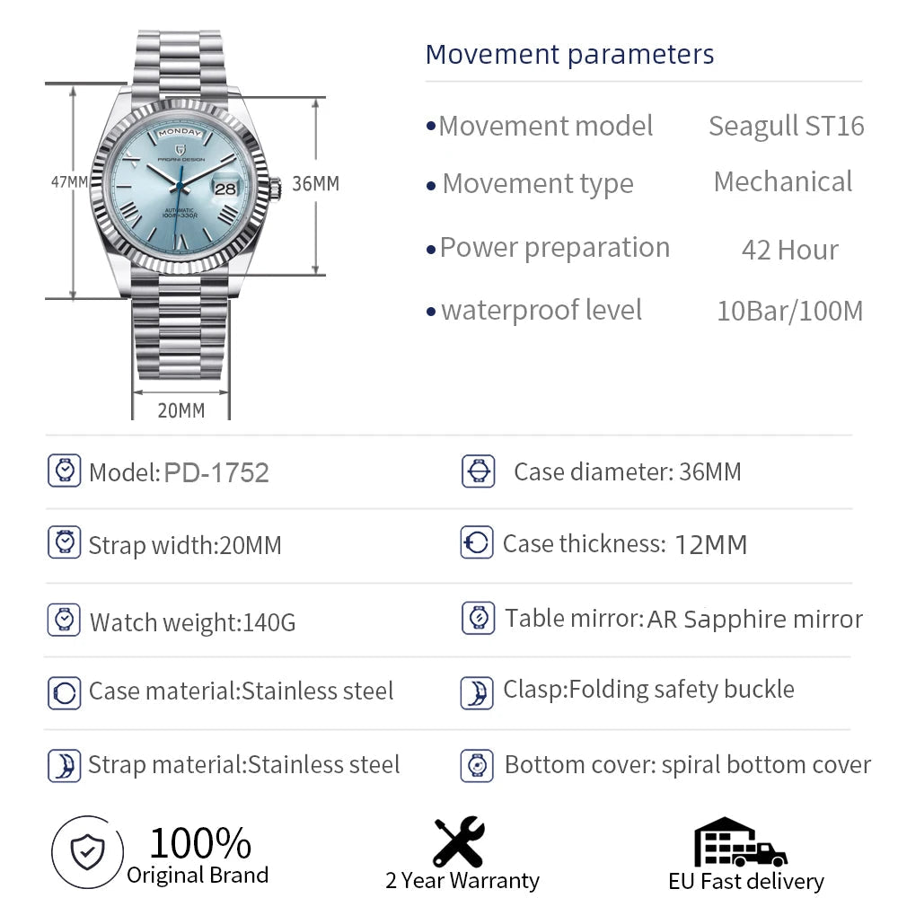 PAGANI DESIGN DD36 Men’s Automatic Watch | AR Sapphire Crystal, 10 Bar - Jewelry Iced