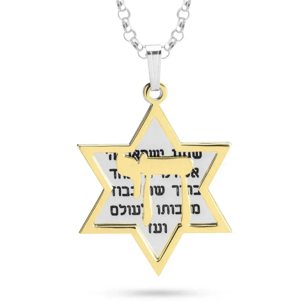 A Star of David pendant necklace featuring a gold-tone outer border, a silver-tone inner border, and a white center with black Hebrew text, suspended from a silver-tone chain on a white background.